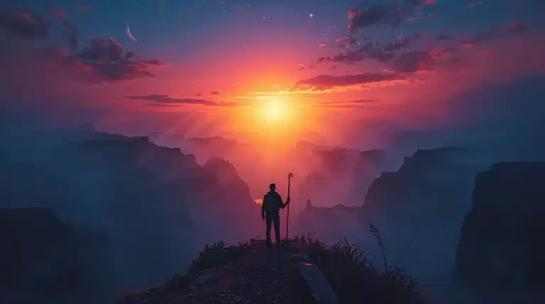 Silhueta de um viajante/herói com mochila e cajado, parado no pico de um cânion nebuloso ao pôr do sol. O céu é dramático com estrelas e duas luas crescentes. Imagem simbólica da Jornada do Herói e do Caminho do Herói de Joseph Campbell.