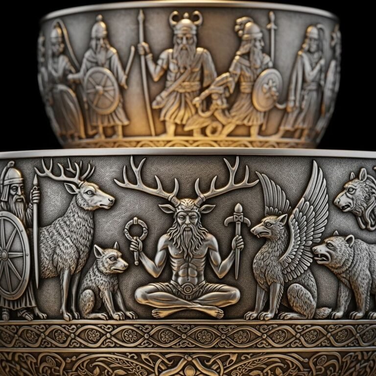 Imagem detalhada do Caldeirão de Gundestrup, crucial para entender as Lendas Celtas e a figura do deus chifrudo Cernunnos.