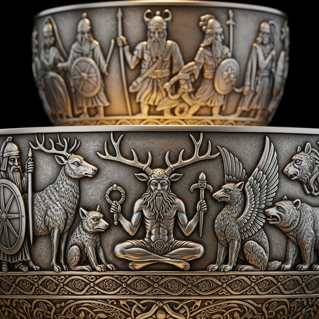 lendas-celtas-caldeirao-gundestrup-cernunnos Imagem detalhada do Caldeirão de Gundestrup, crucial para entender as Lendas Celtas e a figura do deus chifrudo Cernunnos.