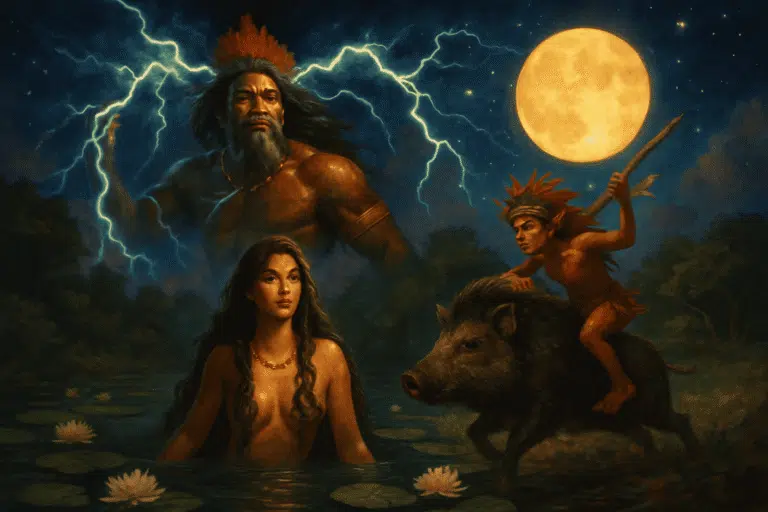 Ilustração da mitologia brasileira com Tupã, Iara, Curupira e Caipora em cenário amazônico