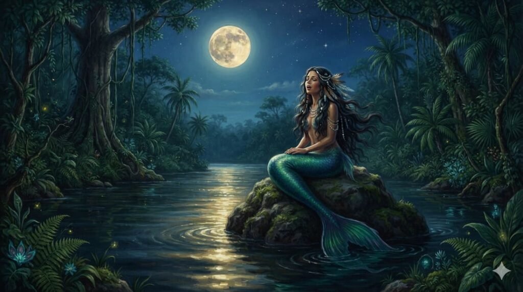 Sereia cantando à beira de um rio amazônico à noite, representando a lenda de Iara na mitologia brasileira