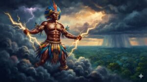 Ilustração de deus indígena controlando raios sobre a floresta, representando Tupã na mitologia brasileira