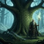 Ilustração de um Druida na floresta sagrada celta ao lado de uma Árvore da Vida (Carvalho), simbolizando a sabedoria e a Mitologia Celta ancestral