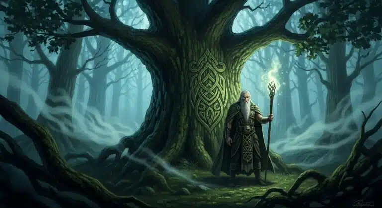 Ilustração de um Druida na floresta sagrada celta ao lado de uma Árvore da Vida (Carvalho), simbolizando a sabedoria e a Mitologia Celta ancestral