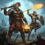 Ilustração épica dos deuses Tuatha Dé Danann, representando o principal Panteão Celta com Dagda e Lugh em destaque.
