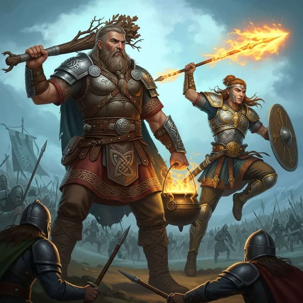 panteao-celta-tuatha-de-danann-dagda-lugh Ilustração épica dos deuses Tuatha Dé Danann, representando o principal Panteão Celta com Dagda e Lugh em destaque.