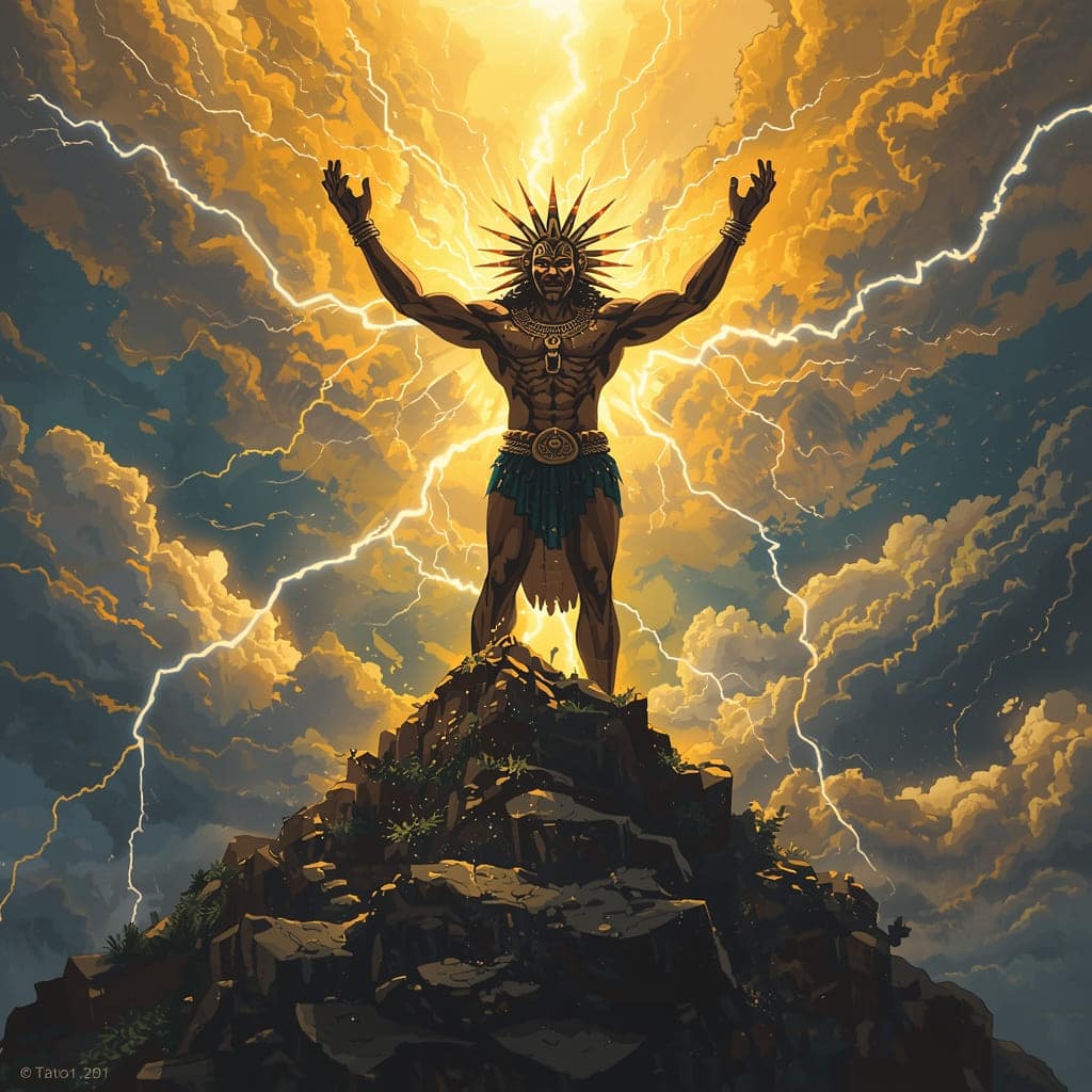 tupã-deus-do-trovão Tupã, o deus supremo do trovão na mitologia indígena brasileira, controlando uma tempestade