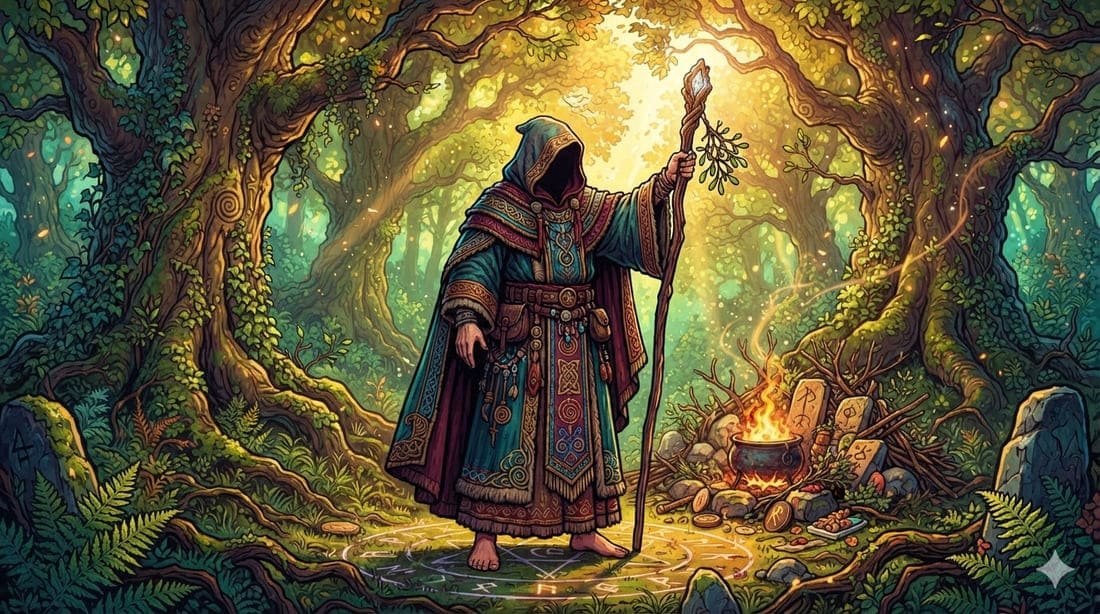 Druida em ritual em floresta sagrada representando a mitologia celta