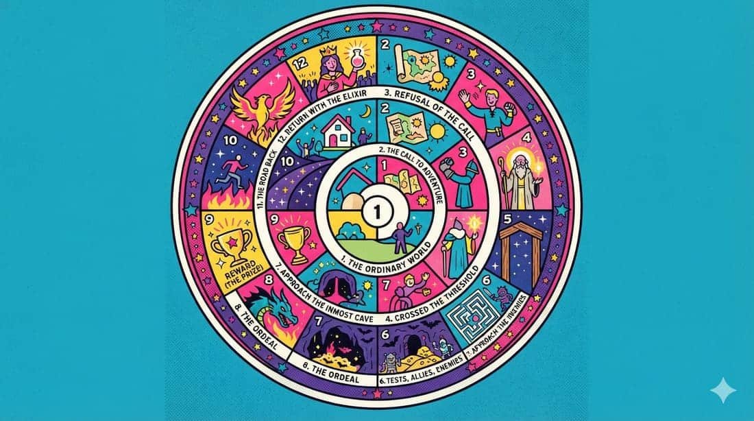 Ilustração colorida representando as 12 etapas do monomito da jornada do herói