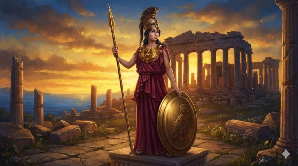 Deusa grega com elmo e lança em frente a templo em ruínas, representando Atena na mitologia da Odisseia