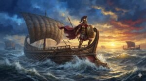 Guerreiro grego na proa de um navio em meio a uma tempestade, ilustrando a jornada de Ulisses na Odisseia
