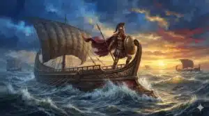 Guerreiro grego na proa de um navio em meio a uma tempestade, ilustrando a jornada de Ulisses na Odisseia