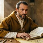 Retrato artístico de Leonardo Fibonacci segurando o livro Liber Abaci