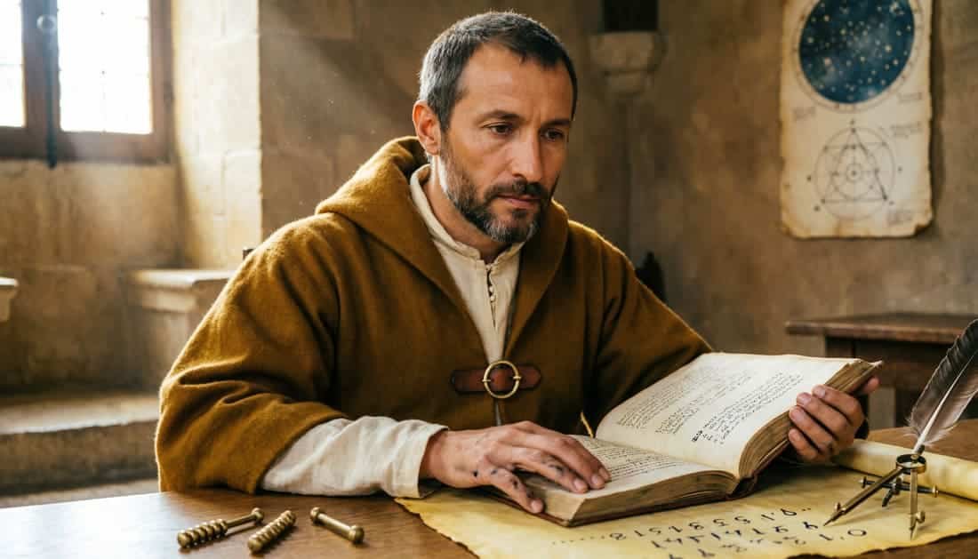 Retrato artístico de Leonardo Fibonacci segurando o livro Liber Abaci