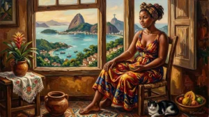 Pintura a óleo no estilo modernista de Di Cavalcanti mostrando uma mulher brasileira com vestido colorido e paisagem do Rio de Janeiro ao fundo.