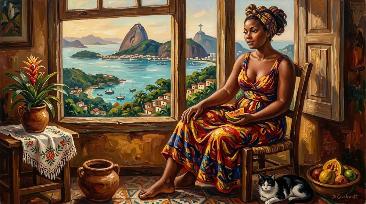 Pintura a óleo no estilo modernista de Di Cavalcanti mostrando uma mulher brasileira com vestido colorido e paisagem do Rio de Janeiro ao fundo.