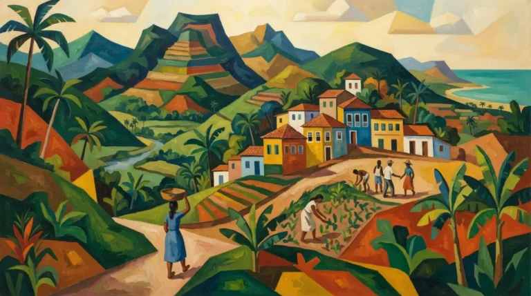 Ilustração inspirada na arte moderna brasileira com paisagem tropical estilizada e cores fortes