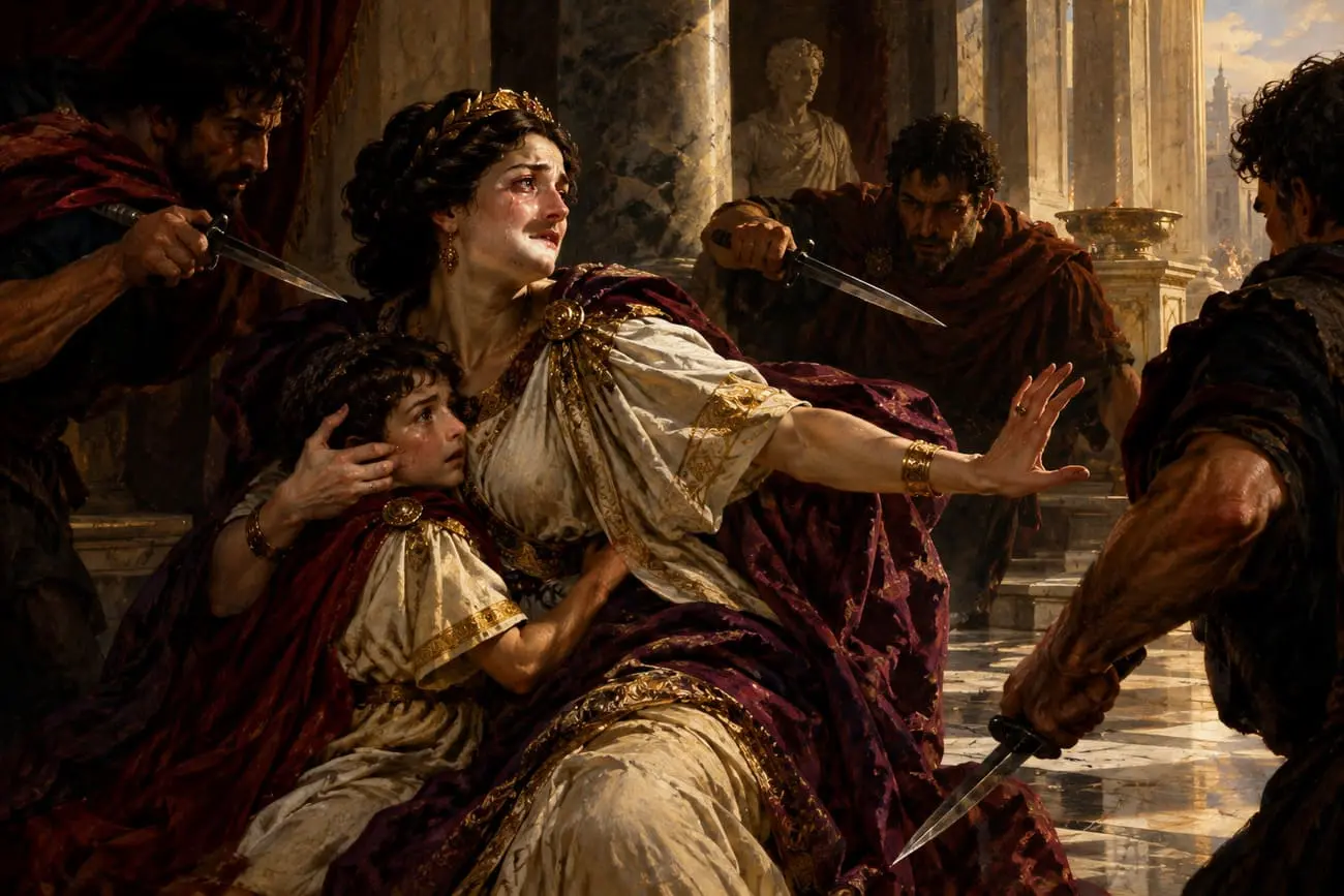 Pintura histórica neoclássica retratando a mãe dos imperadores tentando proteger Geta do ataque de Caracala.