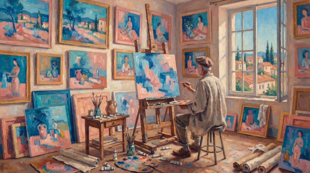 Ilustração de ateliê de pintura mediterrâneo com telas em tons de azul e rosa