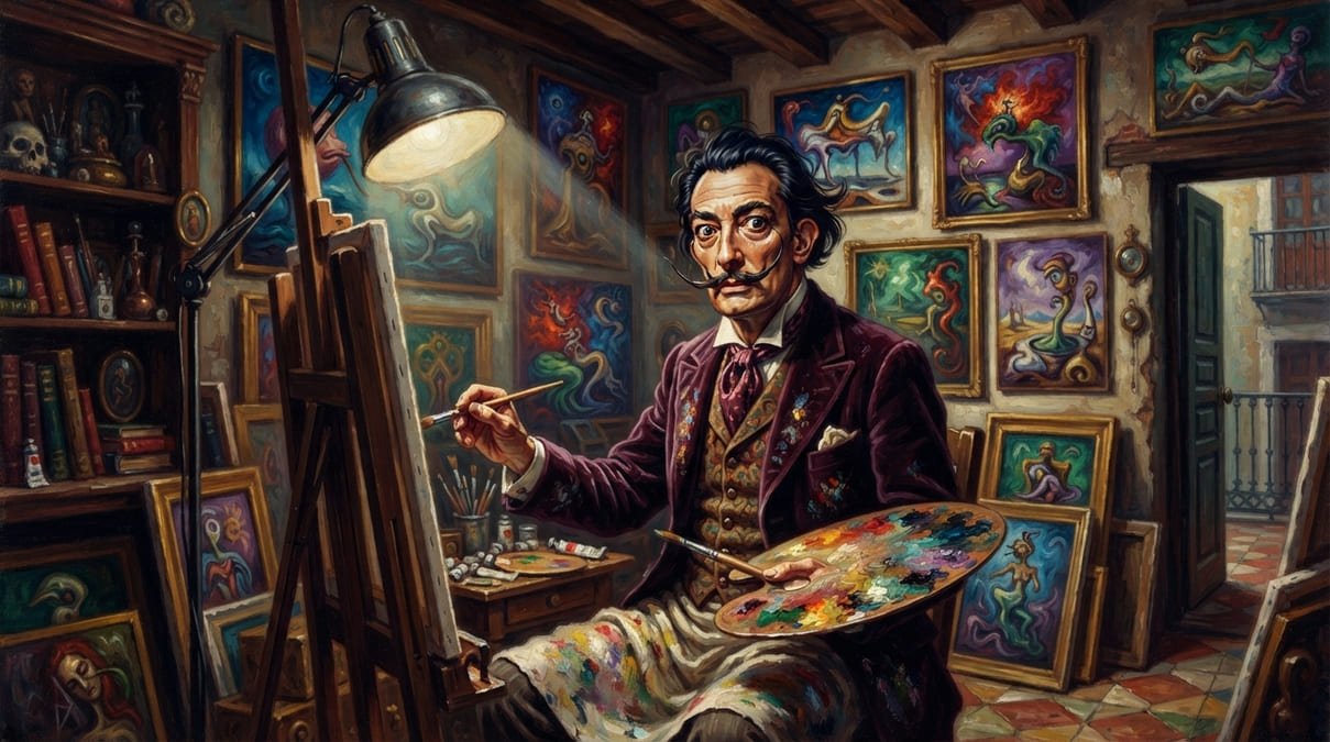 Ilustração de ateliê de pintor surrealista espanhol cercado por telas oníricas