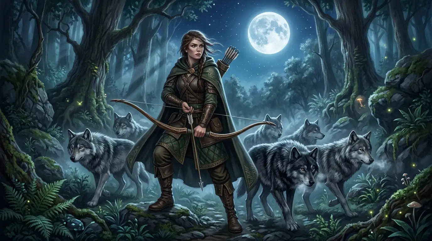 Ilustração de caçadora sob a luz da lua inspirada nas seguidoras de Ártemis na mitologia grega