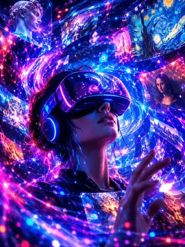 Artista usando óculos de realidade virtual imerso em um turbilhão de arte digital e luzes neon geradas por inteligência artificial.