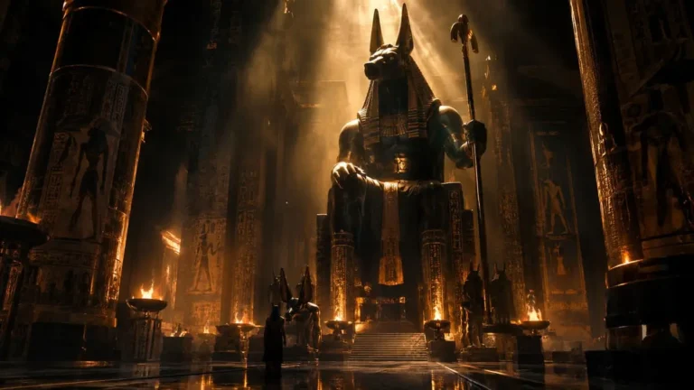 Estátua gigante do deus Anúbis com iluminação cinematográfica em um cenário de filme de Hollywood.