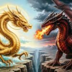 Dragão oriental dourado e dragão ocidental cuspindo fogo, criaturas mitológicas de culturas diferentes