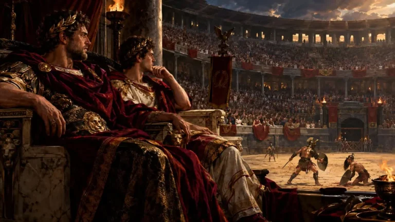 Ilustração artística dramática da arena do Coliseu de Roma sob o olhar dos imperadores tiranos Caracala e Geta em estilo pintura clássica.