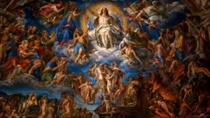 Detalhe dramático da pintura afresco O Juízo Final de Michelangelo no altar da Capela Sistina no Vaticano.