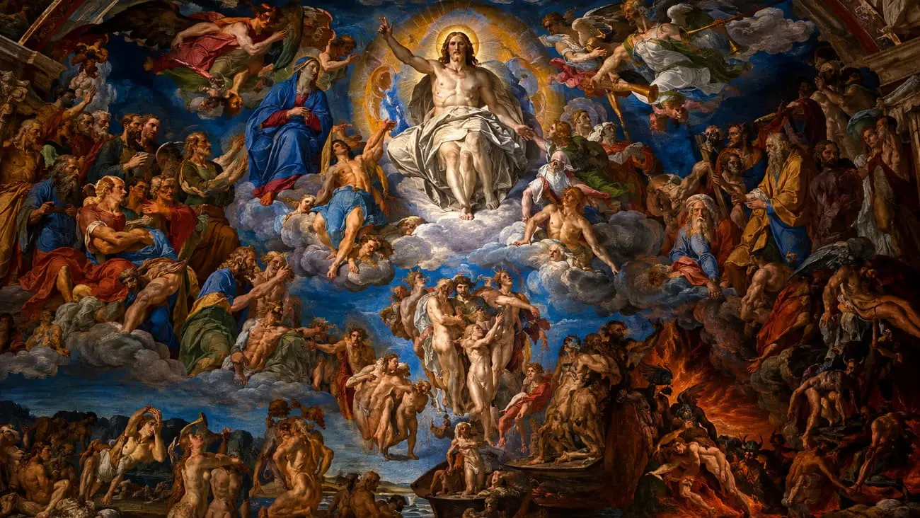 Detalhe dramático da pintura afresco O Juízo Final de Michelangelo no altar da Capela Sistina no Vaticano.