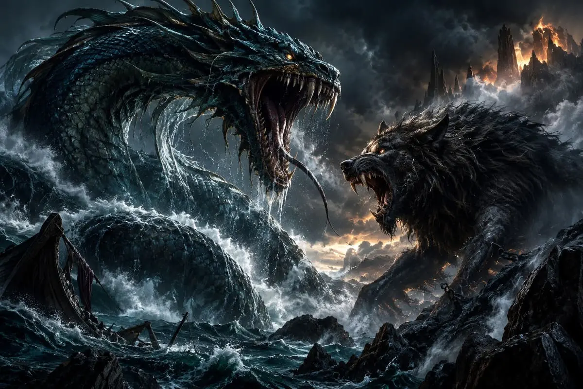 A serpente Jörmungandr emergindo dos oceanos tempestuosos ao lado do lobo gigante Fenrir durante o apocalipse nórdico.