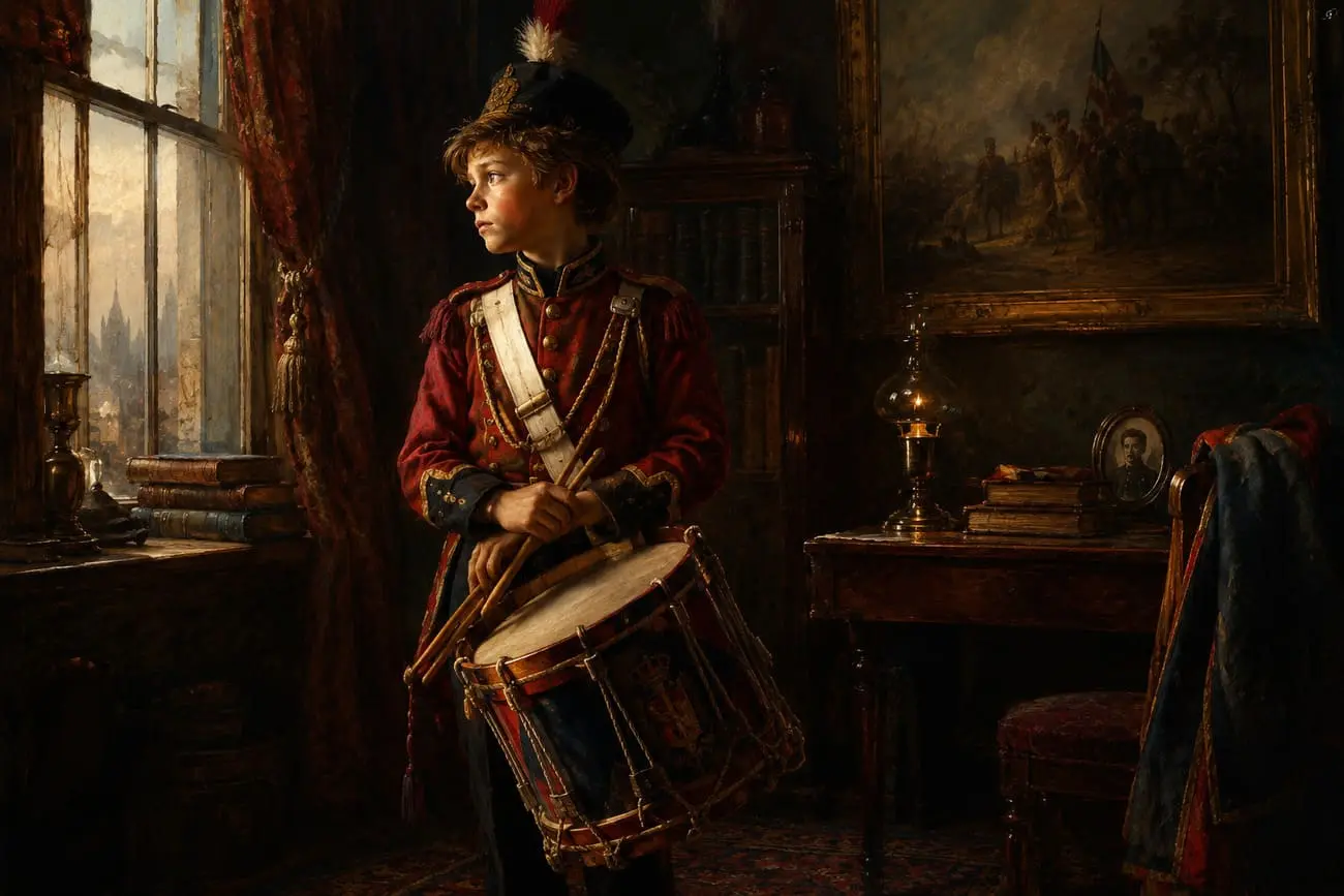 Pintura artística neo-romântica mostrando um menino vestido em trajes de tamborilheiro tradicional observando um espelho em um quarto antigo.