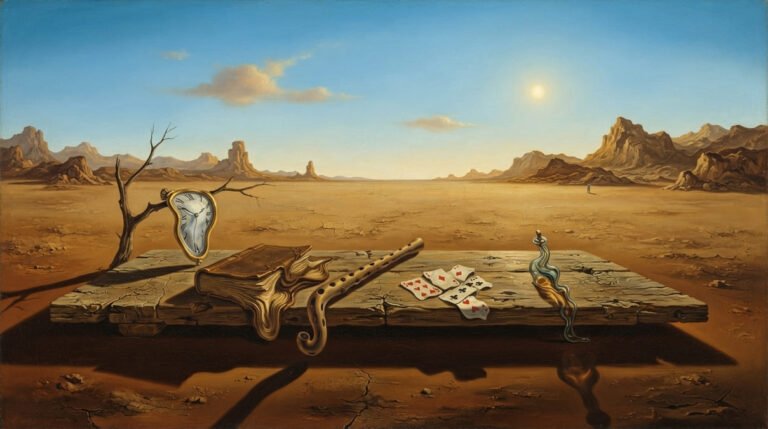 Ilustração de paisagem surrealista com objetos derretidos inspirada nas obras de Salvador Dalí