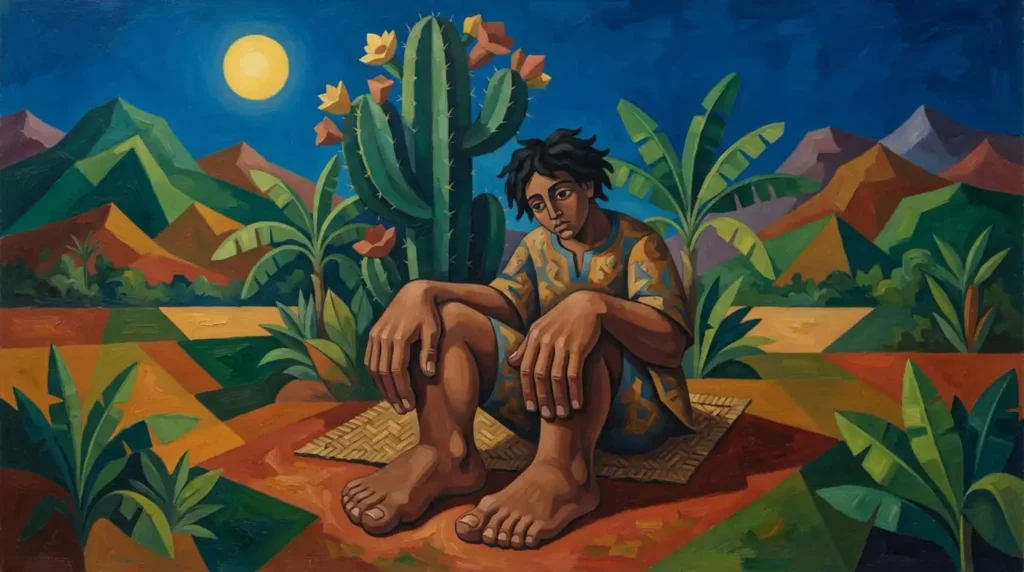 Ilustração estilizada inspirada na fase antropofágica das obras de Tarsila do Amaral
