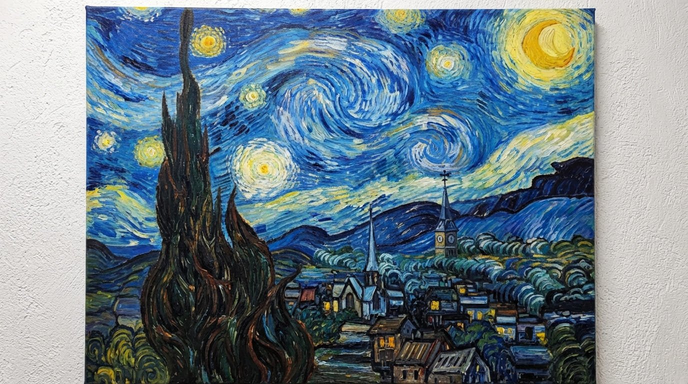 Ilustração estilo pós-impressionista inspirada no céu estrelado das obras de Van Gogh