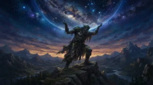 Ilustração de figura mitológica segurando o céu, inspirada no mito de Atlas presente em Percy Jackson