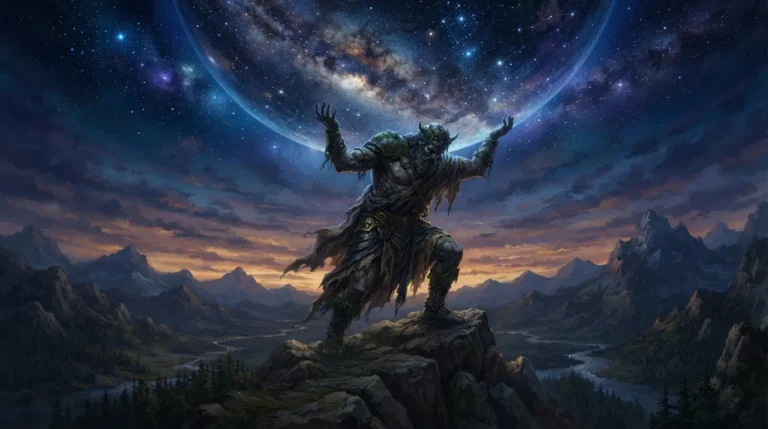 Ilustração de figura mitológica segurando o céu, inspirada no mito de Atlas presente em Percy Jackson