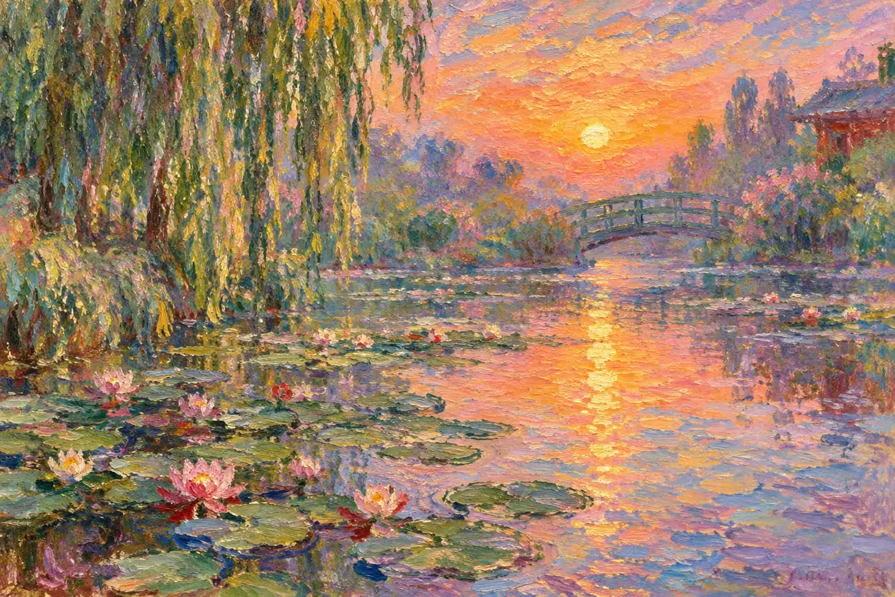 Pintura em estilo impressionista criada por inteligência artificial mostrando um jardim de vitórias-régias com pinceladas espessas.