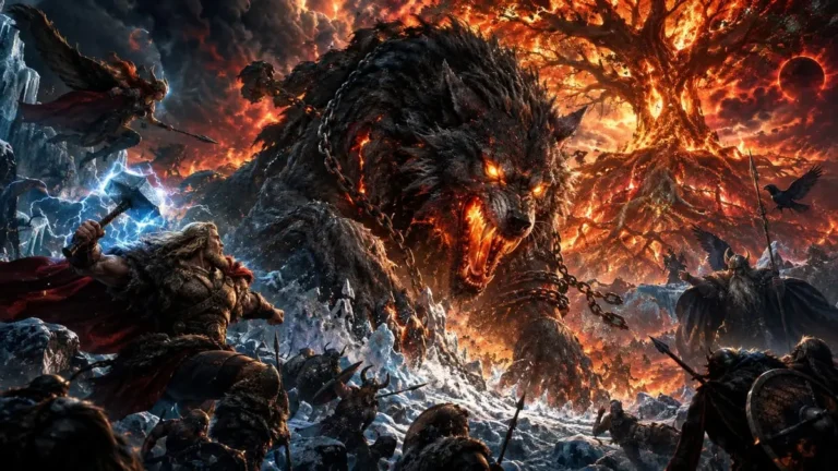 Ilustração artística da batalha final do Ragnarok na mitologia nórdica com o lobo Fenrir enfrentando os deuses sob um céu em chamas.