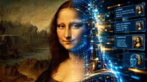 Uma tela clássica de pintura do Renascimento sendo transformada por linhas de código e luzes digitais de Inteligência Artificial.