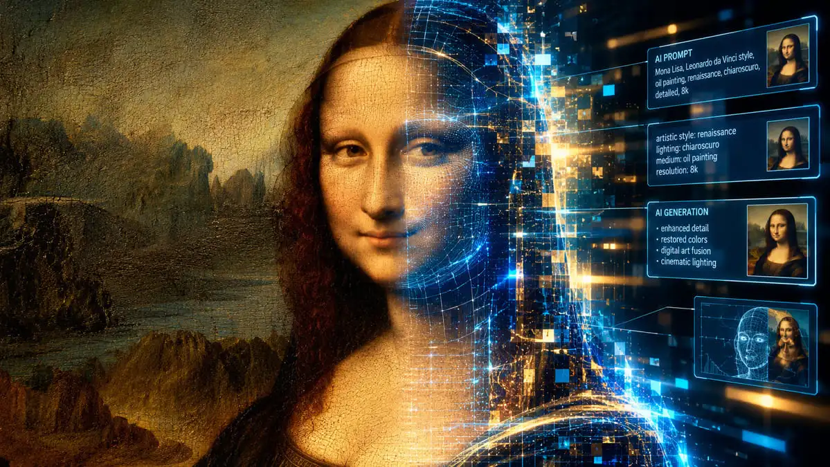 Uma tela clássica de pintura do Renascimento sendo transformada por linhas de código e luzes digitais de Inteligência Artificial.