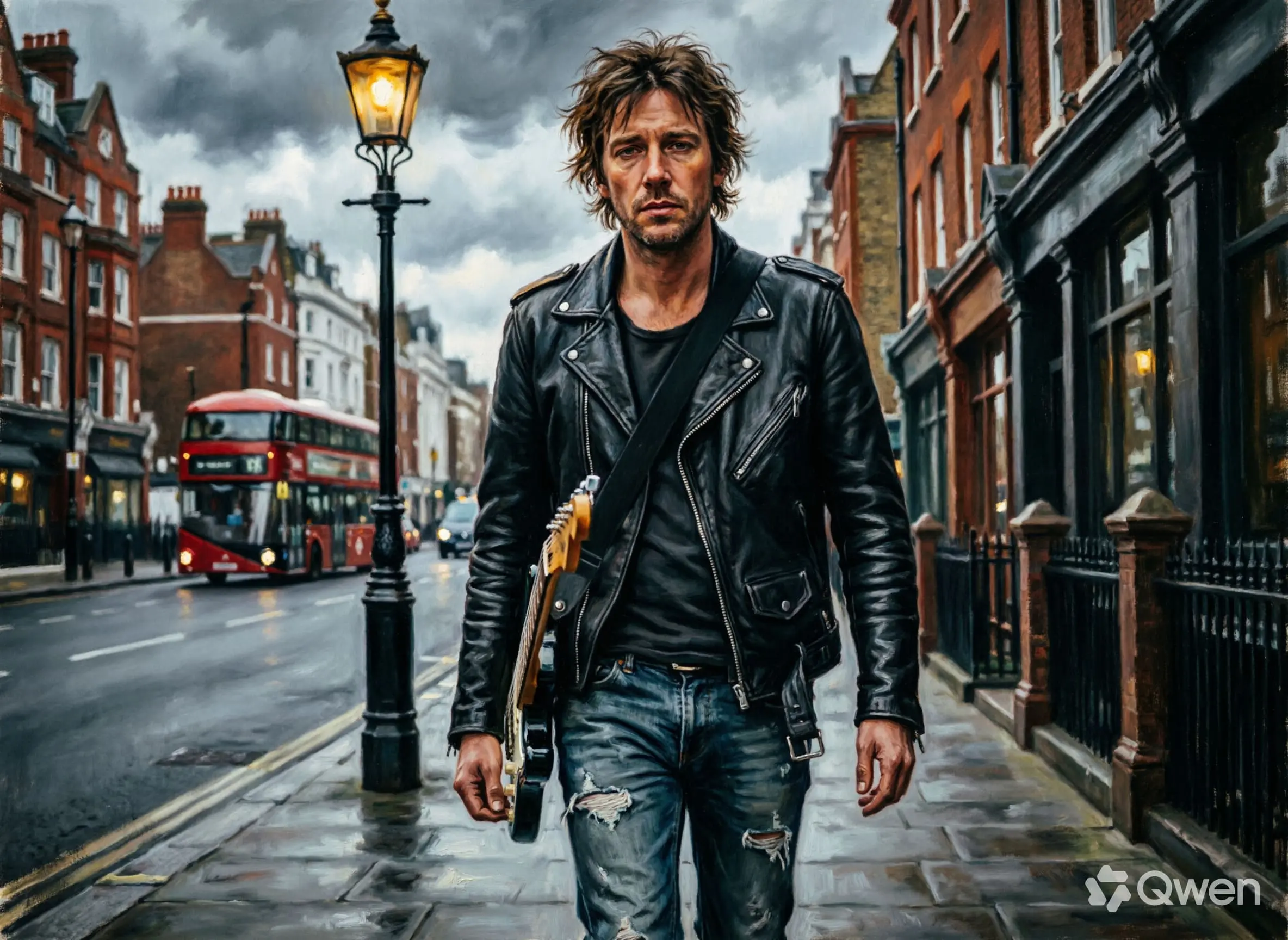 Ilustração artística estilizada de um vocalista britânico dos anos 90 caminhando em perspectiva frontal em uma rua de Hoxton em Londres.