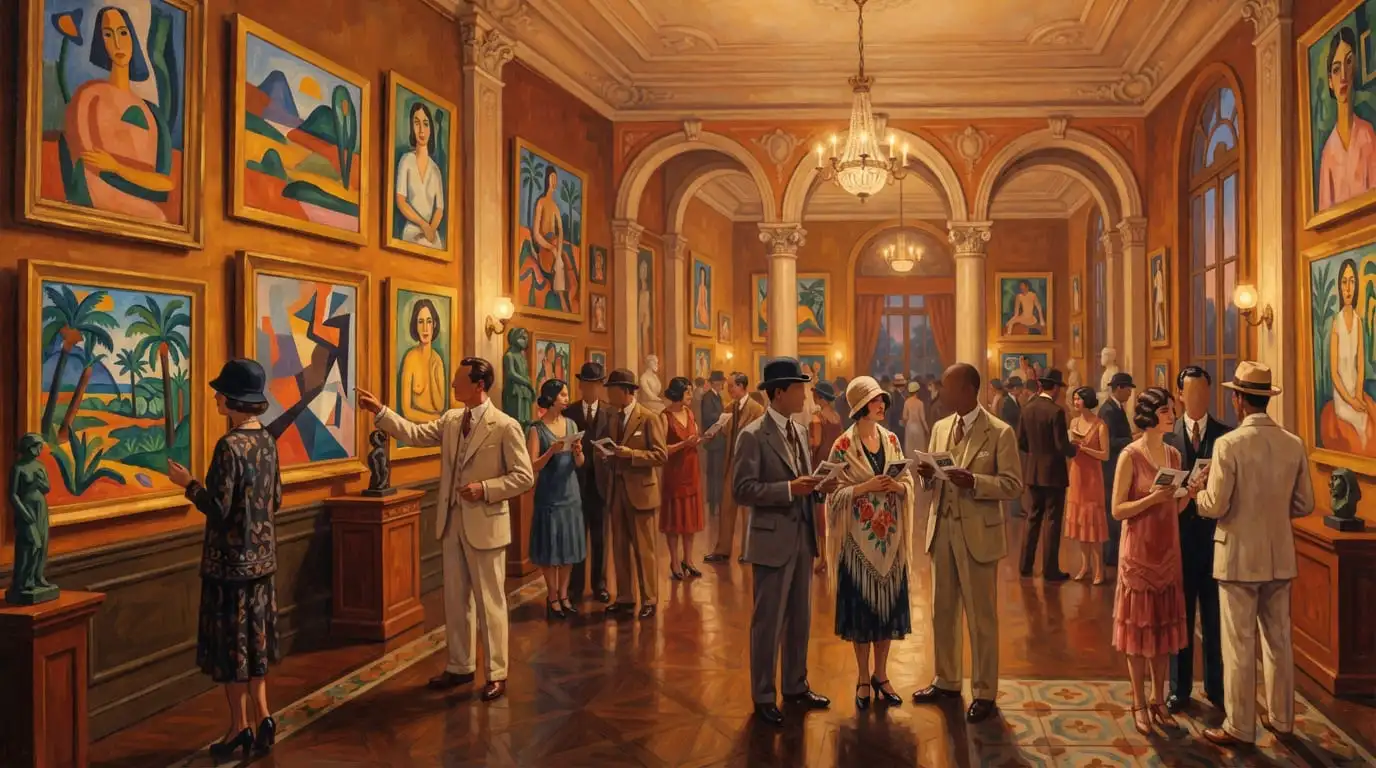 Recriação estilizada de uma exposição de arte moderna brasileira em salão histórico dos anos 1920