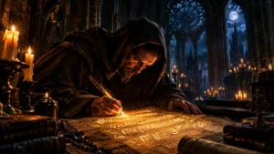 lustração artística de um monge medieval escrevendo uma partitura sob a iluminação sombria de velas no interior de uma catedral gótica.
