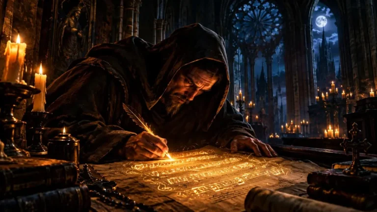lustração artística de um monge medieval escrevendo uma partitura sob a iluminação sombria de velas no interior de uma catedral gótica.